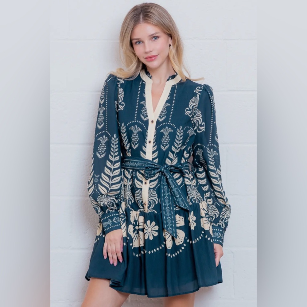NWT Taelynn Blue Print long sleeve V-neck belted button down Mini Dress - Picture 2 of 6